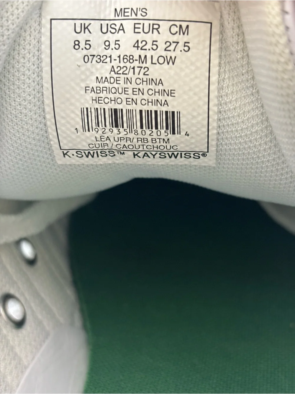 K-Swiss Classic VN Leather Sneakers Low Profile Iconic White Green Mens Size 9.5